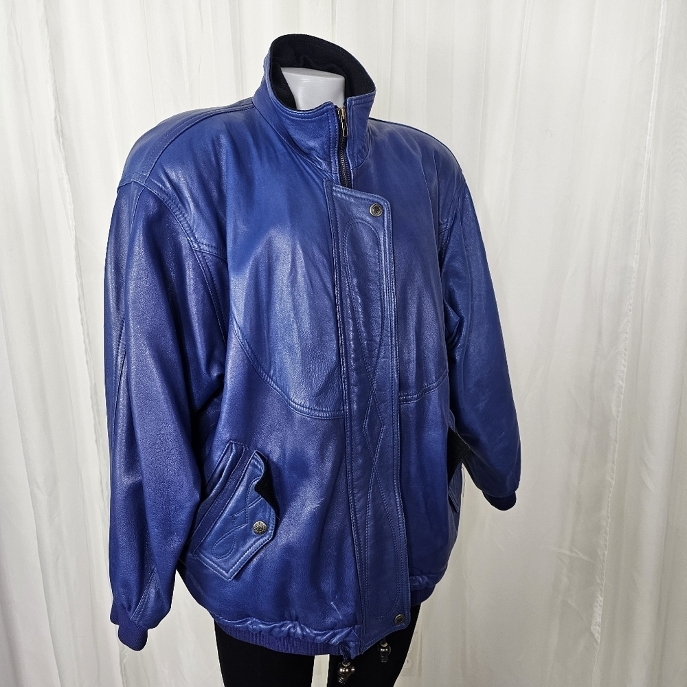 Vintage La Nouvelle Renaissance Playful Oversized Blue Leather Jacket  Large - Picture 6 of 14